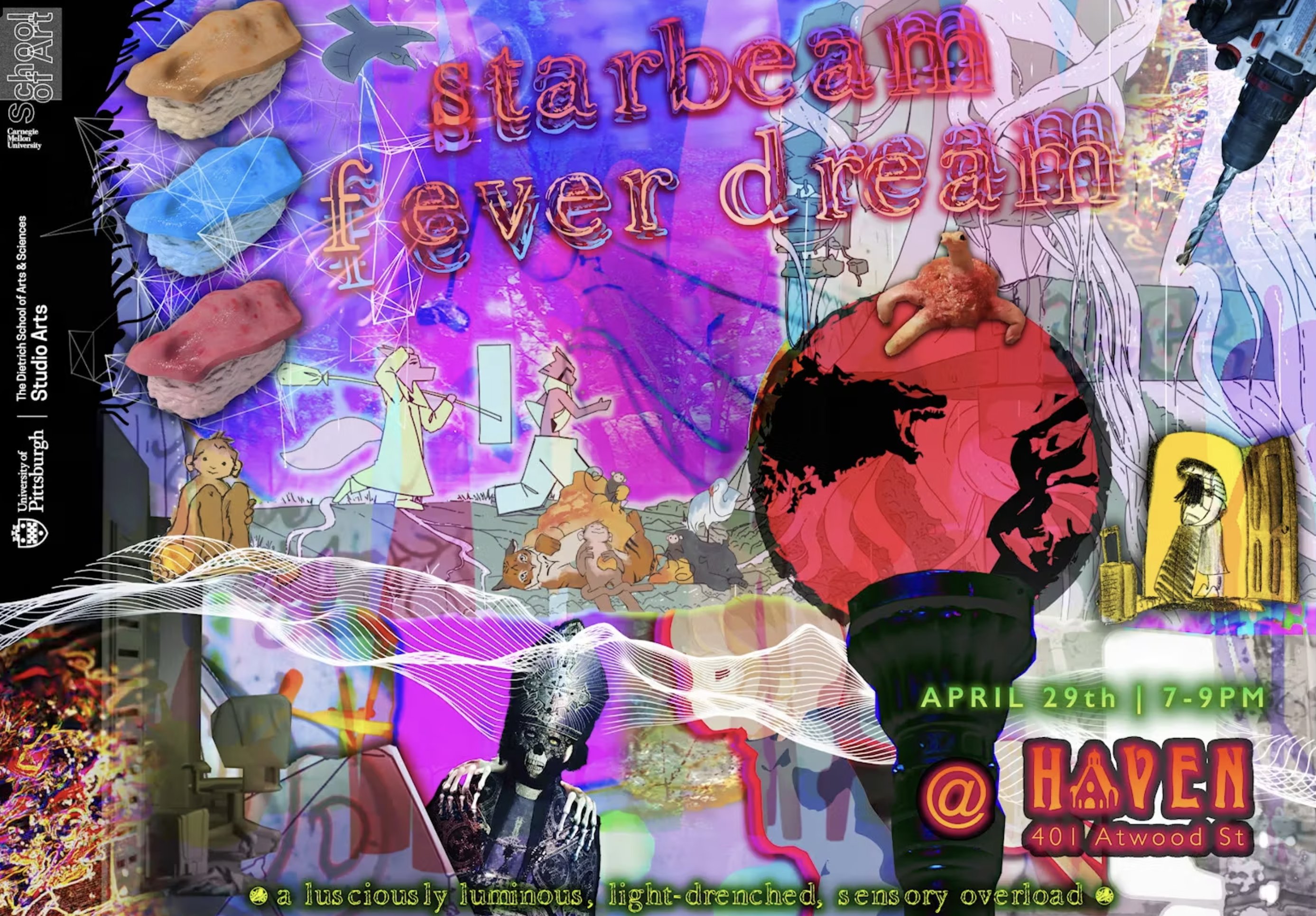 Vibrant, surreal digital art with cartoon figures, abstract shapes, and glowing text "starbeam fever dream" on a purple and pink background.